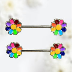 Pair of 14G Silver Rainbow Flower Ends Nipple Barbell