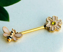 Pair of 14G Gold Pink Enamel Flower & Bee Nipple Barbell