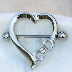 Pair of 14G Silver Heart Eternity Clear Gem Nipple Shield Barbell