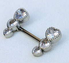 Pair of 14G Silver Triple Heart Ends Nipple Barbell