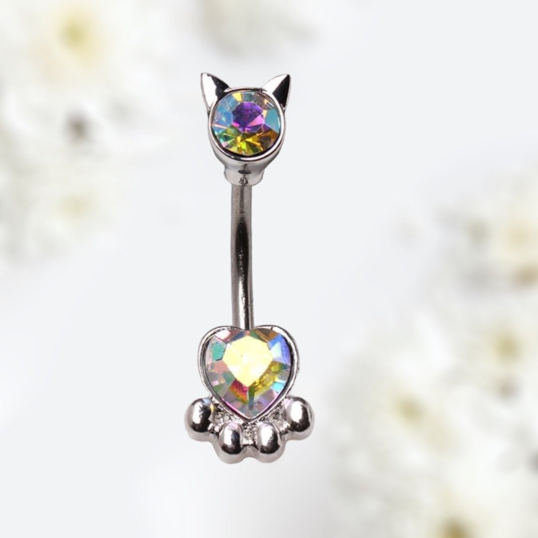 Silver Cat Paw Belly Button Ring