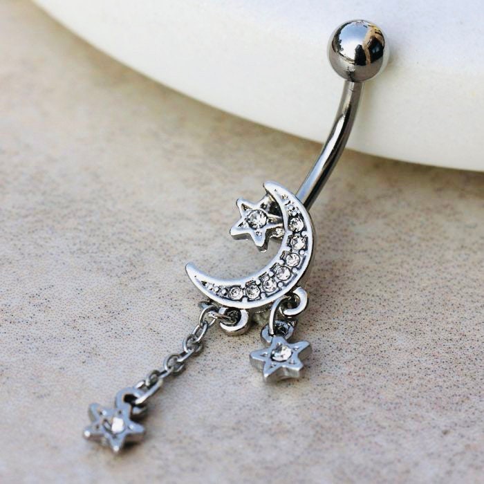 Silver Moon Stars Dangling Belly Button Ring