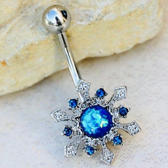 Silver Blue Opal Snowflake Belly Button Ring