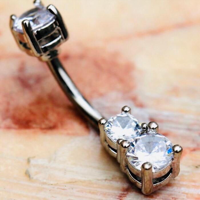 14G Silver Dainty Double Clear Gem Belly Button Ring