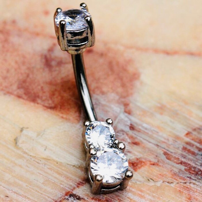 14G Silver Dainty Double Clear Gem Belly Button Ring