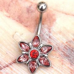 14G Silver Dainty Pink Gem Flower Belly Button Ring