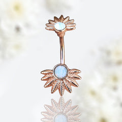 14G Rose Gold White Opal Gem Leaves Belly Button Ring