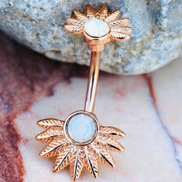 14G Rose Gold White Opal Gem Leaves Belly Button Ring