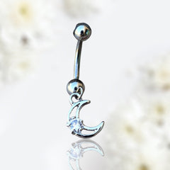 Silver Moon Dangling Belly Button Ring