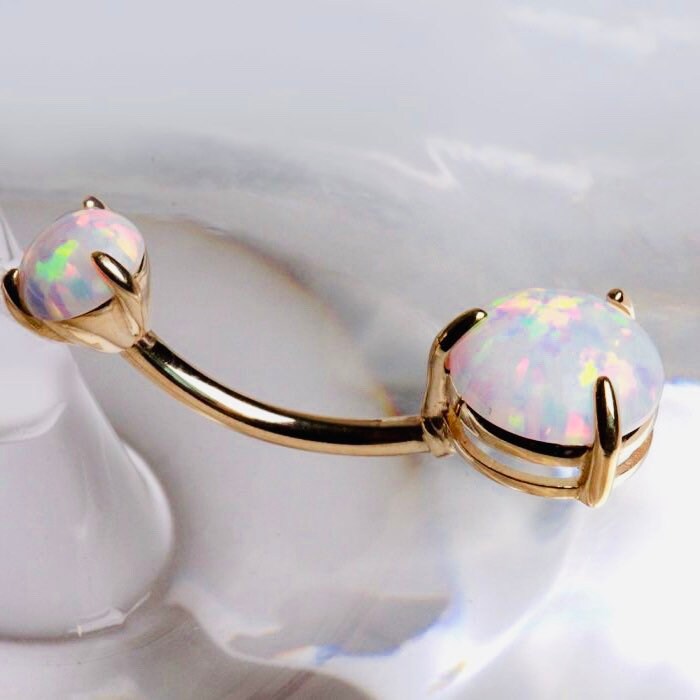 14K Real Solid Gold Dainty White Opal Gem Belly Button Ring