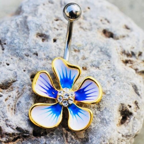 14G Silver Dainty Hibiscus Flower Belly Button Ring