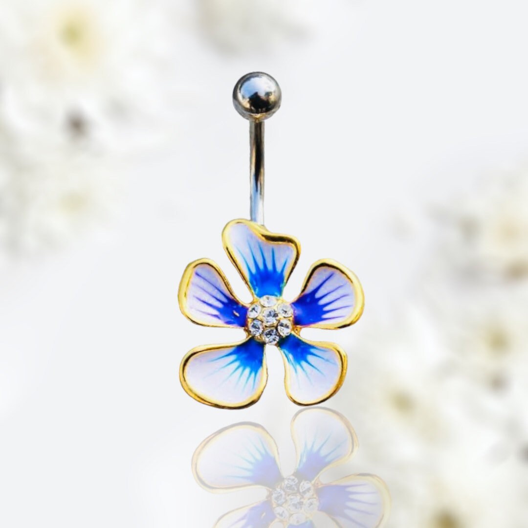 14G Silver Dainty Hibiscus Flower Belly Button Ring