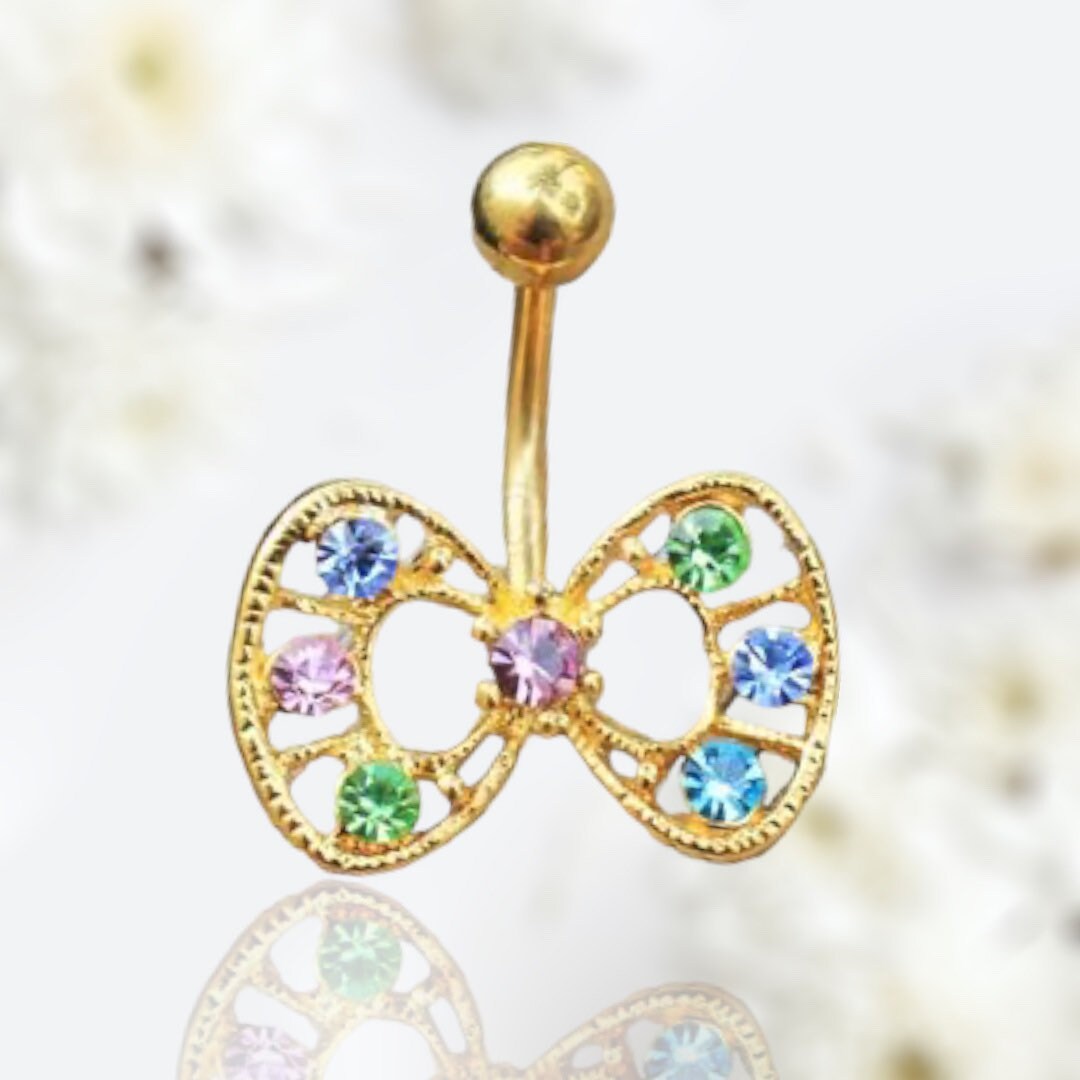 14G Gold Dainty Multicolor Bow Belly Button Ring