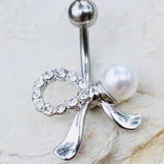 14G Silver Dainty White Pearl Ribbon Belly Button Ring