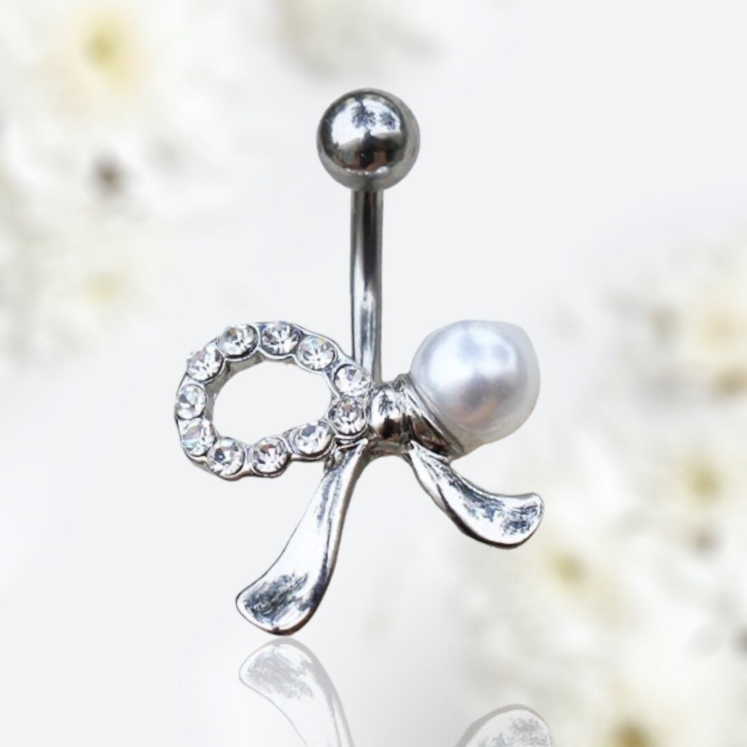 14G Silver Dainty White Pearl Ribbon Belly Button Ring