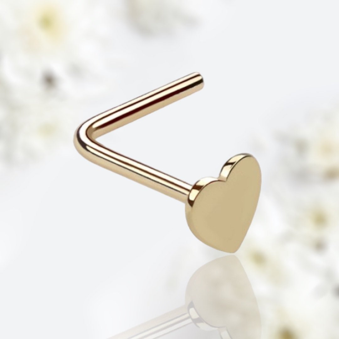 14Karat Yellow Gold Heart L Shape Nose Stud. Nose Piercing. Nose Ring.