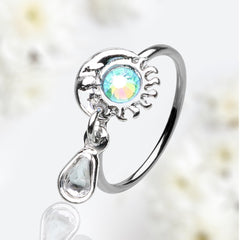 20G Silver Sun & Crescent Moon Dangling Clear Gem Bendable Nose Hoop Cartilage Hoop Ring