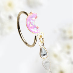 20G Gold Pink Opal Moon Dangling Clear Gem Bendable Nose Hoop Cartilage Hoop Ring