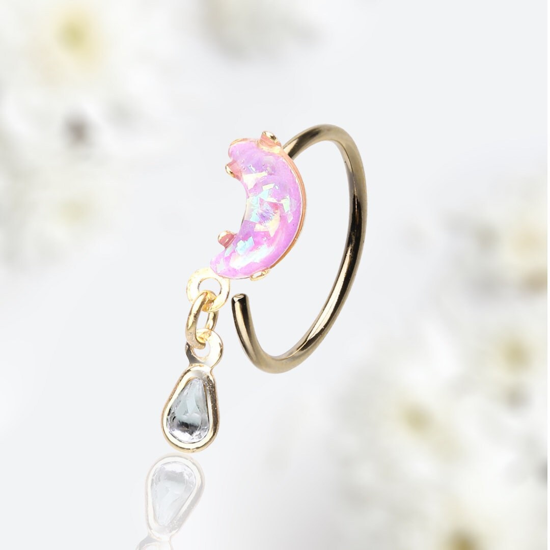 20G Gold Pink Opal Moon Dangling Clear Gem Bendable Nose Hoop Cartilage Hoop Ring