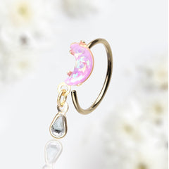 20G Gold Pink Opal Moon Dangling Clear Gem Bendable Nose Hoop Cartilage Hoop Ring