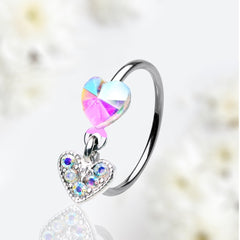 20G Silver Double Heart Dangling Multicolor Gem Bendable Nose Hoop Cartilage Hoop Ring