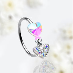 20G Silver Double Heart Dangling Multicolor Gem Bendable Nose Hoop Cartilage Hoop Ring