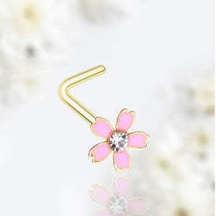 20G Gold Pink Flower Clear Gem L Shape Nose Stud