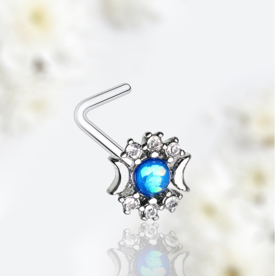 20G Blue Opal Crescent Moon L Shape Nose Stud