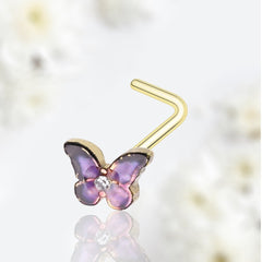 20G Gold Lavender Gem Butterfly L Shape Nose Stud