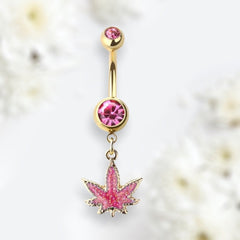 Gold & Pink Glittered Marijuana Dangling Belly Button Ring. Navel Ring. Belly Piercing.