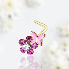 20G Gold Pink Butterfly on Flower L Shape Nose Stud