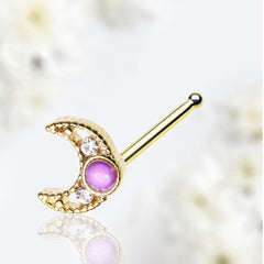 20G Gold Pink Opal Crescent Moon Nose Bone Stud