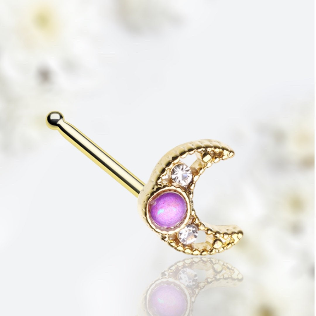 20G Gold Pink Opal Crescent Moon Nose Bone Stud