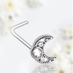 20G Silver Clear Gem Crescent Moon L Shape Nose Stud