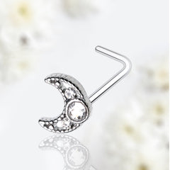 20G Silver Clear Gem Crescent Moon L Shape Nose Stud