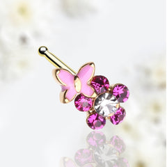 20G Gold Pink Butterfly Flower Nose Stud. Nose Piercing. Nose Jewelry