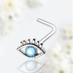 20G Silver Blue Gem Evil Eye L Shape Nose Stud