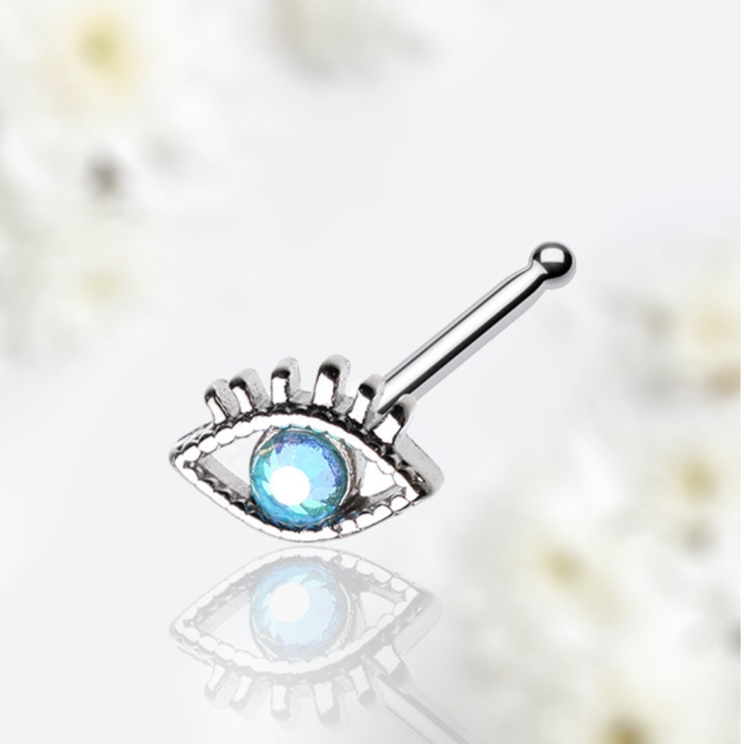 20G Silver Blue Gem Evil Eye Nose Stud