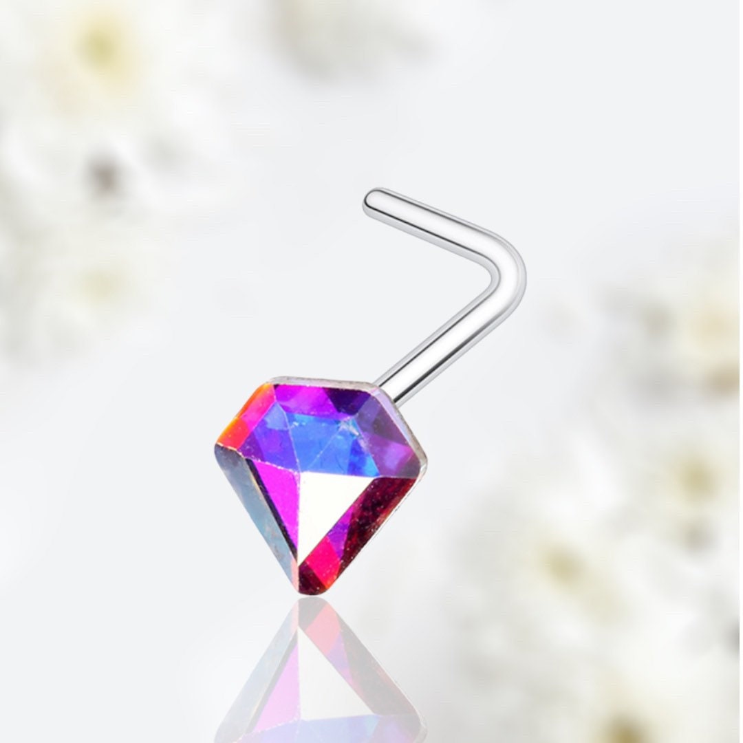 20G Silver Iridescent Diamond L Shape Nose Stud