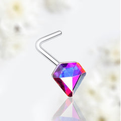 20G Silver Iridescent Diamond L Shape Nose Stud