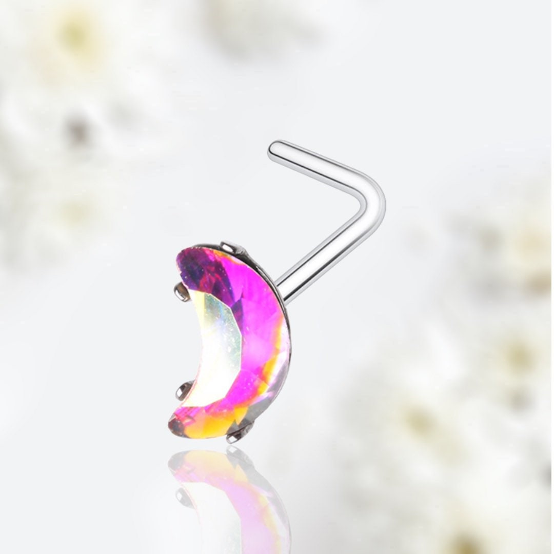 20G Silver Iridescent Moon L Shape Nose Stud