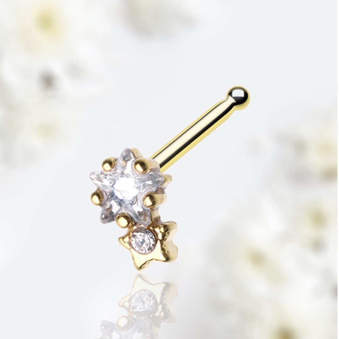 20G Gold Twinkle Star Clear Gem Nose Stud