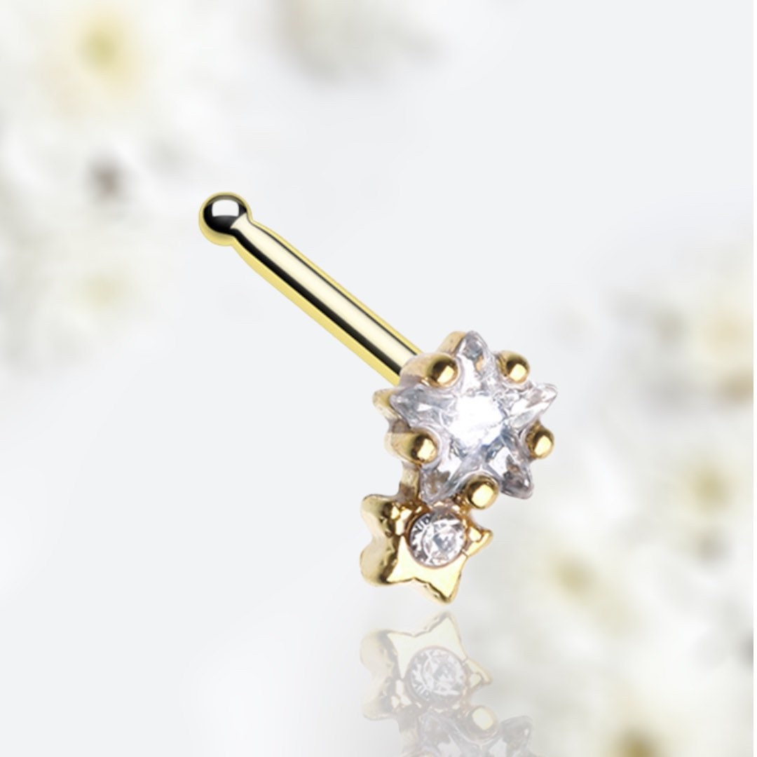 20G Gold Twinkle Star Clear Gem Nose Stud