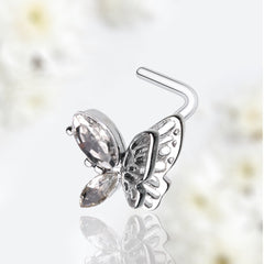 20G Silver Sparkling Clear Gem Flutter Butterfly L Shape Nose Stud