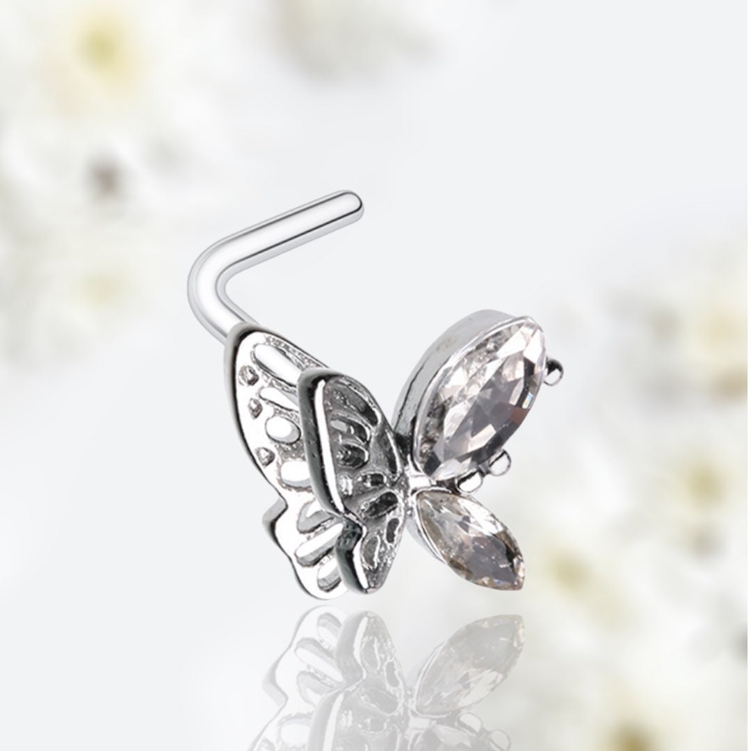 20G Silver Sparkling Clear Gem Flutter Butterfly L Shape Nose Stud