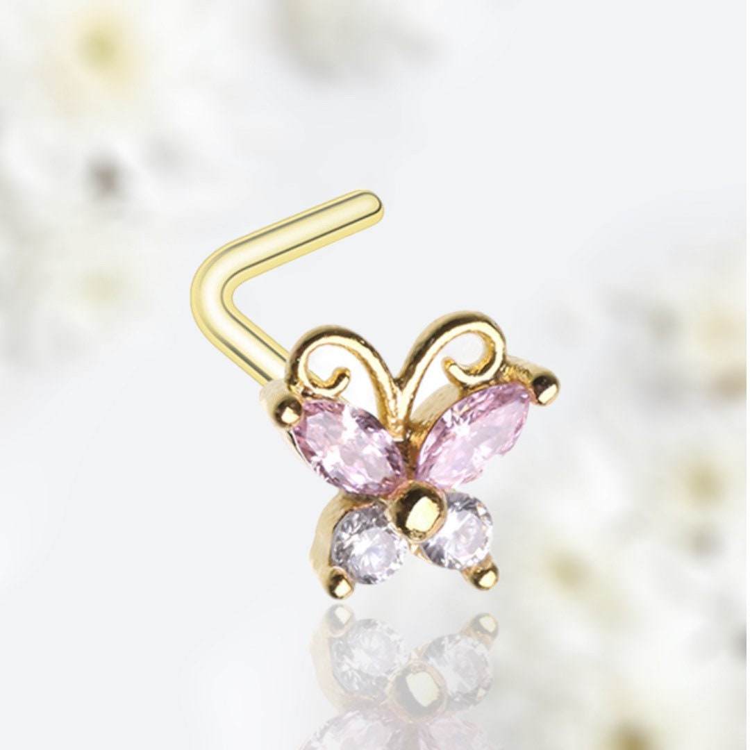 20G Gold Sparkling Pink Clear Gem Butterfly L Shape Nose Stud