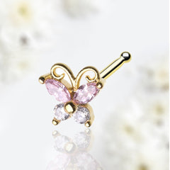 20G Gold Sparkling Pink Clear Gem Butterfly Nose Stud