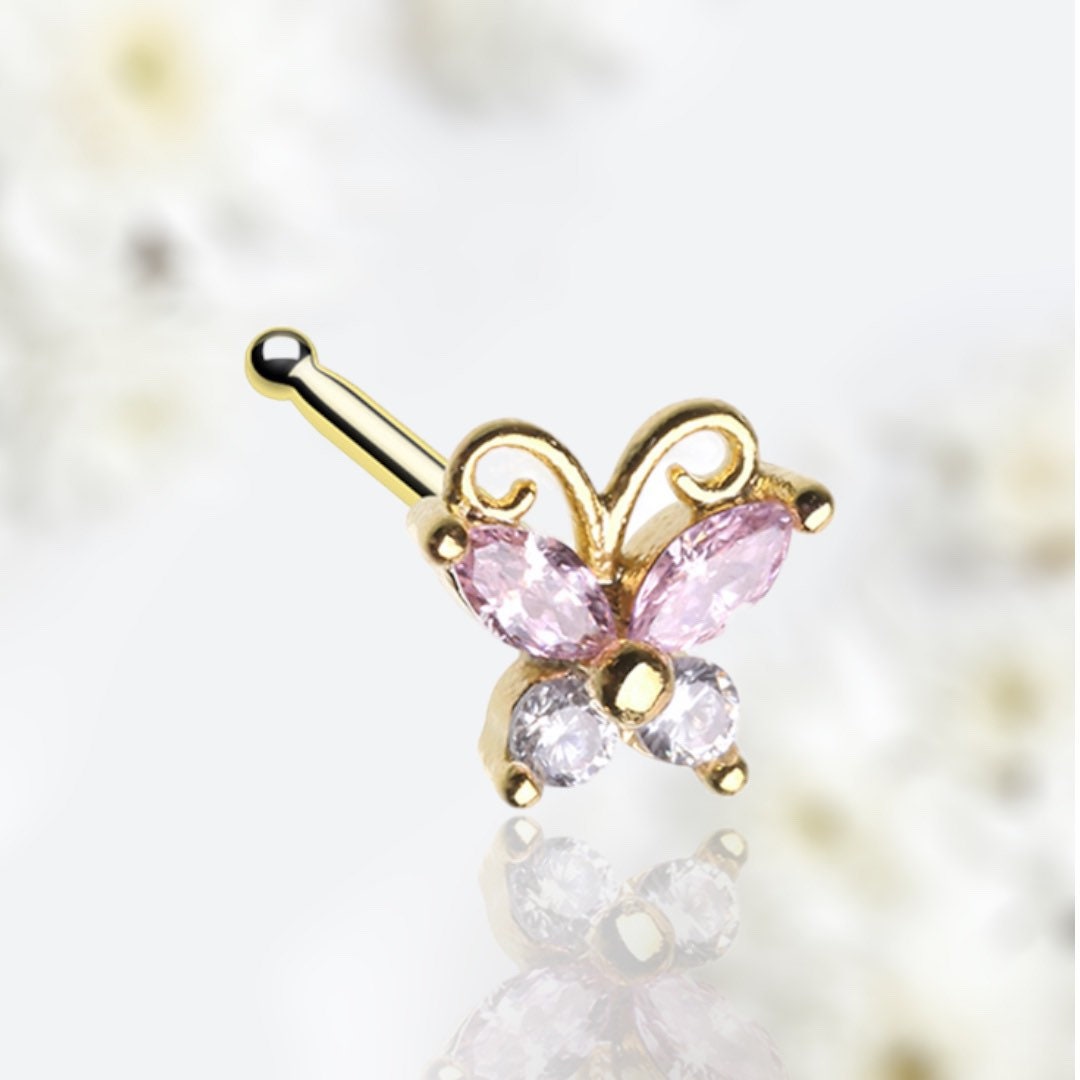 20G Gold Sparkling Pink Clear Gem Butterfly Nose Stud