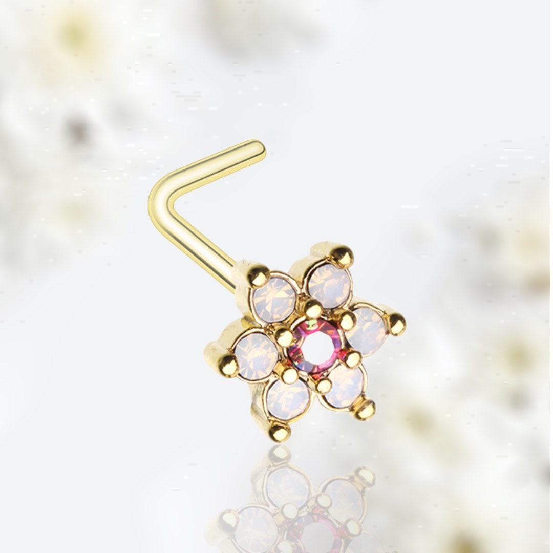 20G Gold Sparkling Rose Pink Flower L Shape Nose Stud