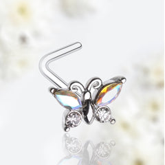 20G Silver Sparkling Iridescent Gem Butterfly L Shape Nose Stud